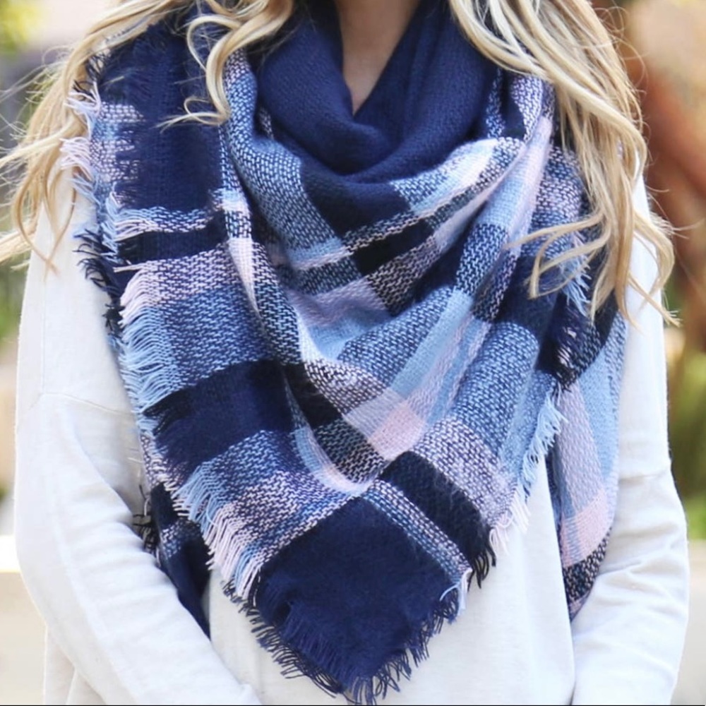 Navy Blanket Fringed Scarf